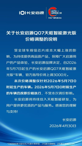 芯片涨价压垮车价!长安启源Q07激光版涨3000元 5月7日生效