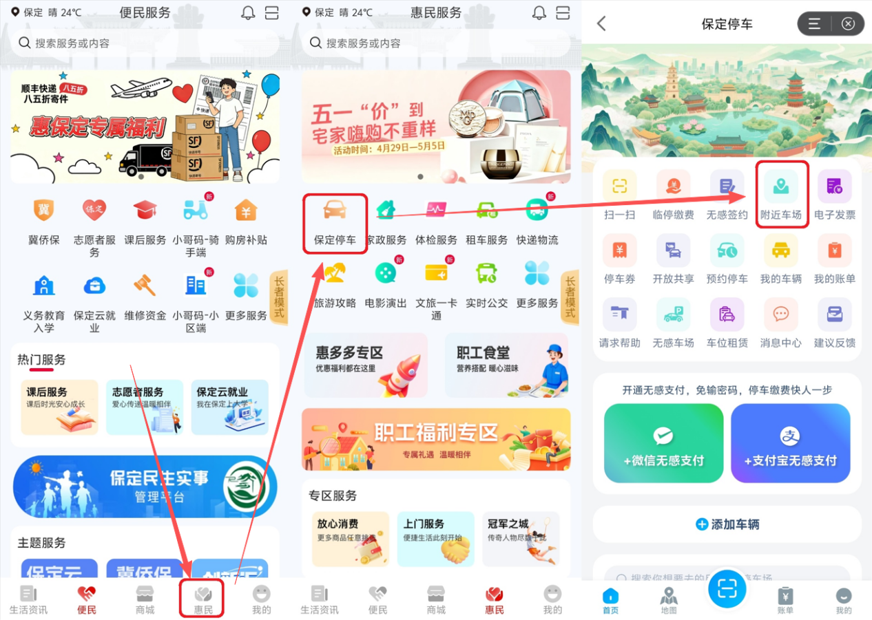 图2：“惠保定”APP示意图：“首页→惠民→保定停车→附近车场”