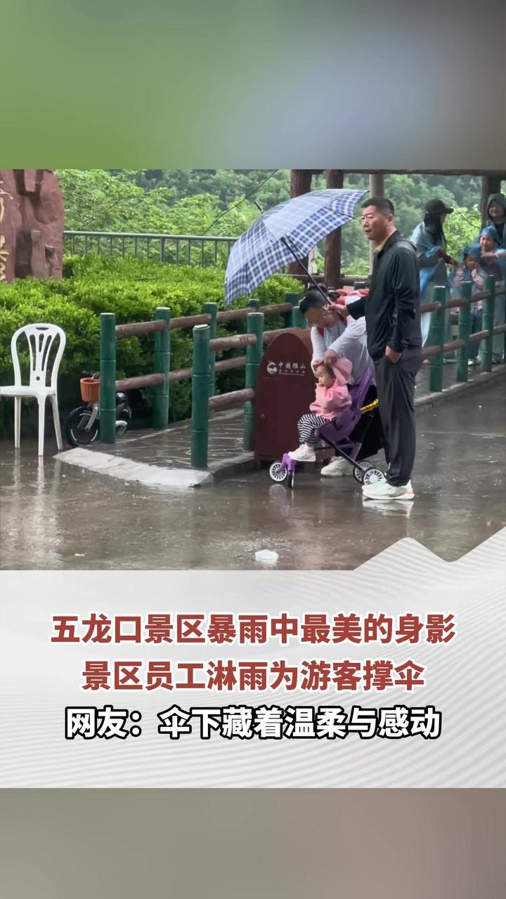 5月1日，河南济源五龙口景区，工作人员顾不上自己淋雨，为游客撑起一把伞，网友称赞这是伞下藏着的温柔和感动。（顶端新闻 黄红立  左朝君  杨锋）