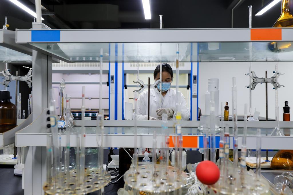 在大余县新能源新材料中试基地，研发人员正在进行化学分析实验。（受访者供图）