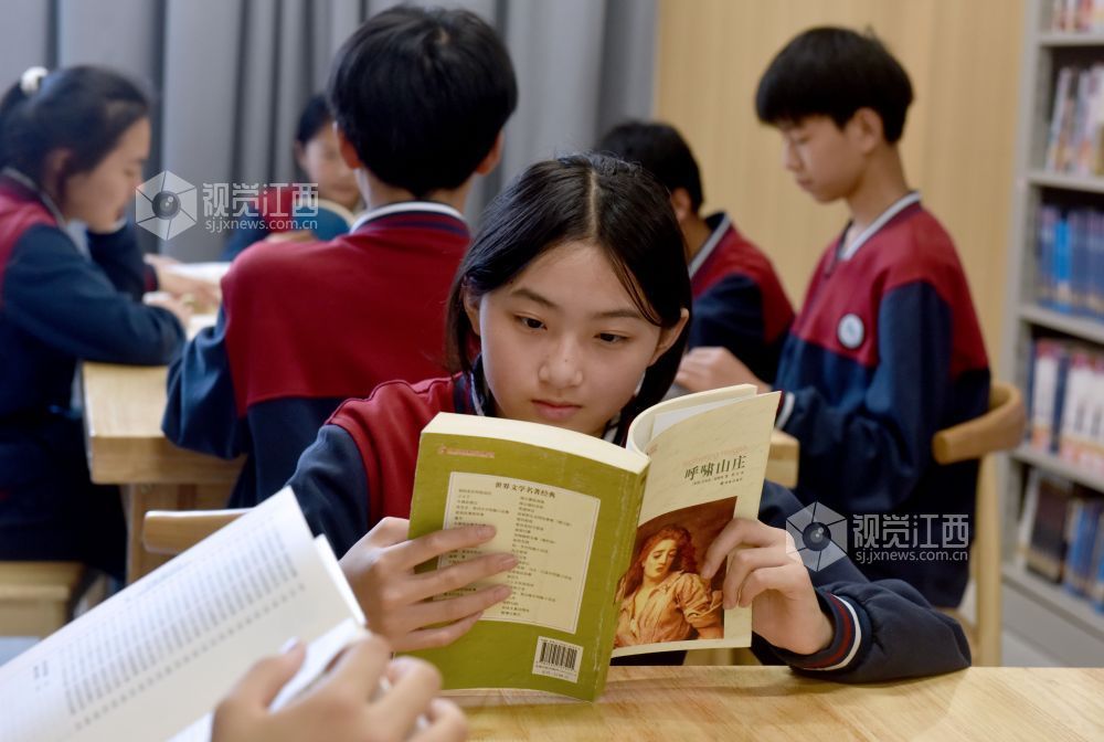 该校学生正在学校图书馆阅读自己喜欢的书籍。