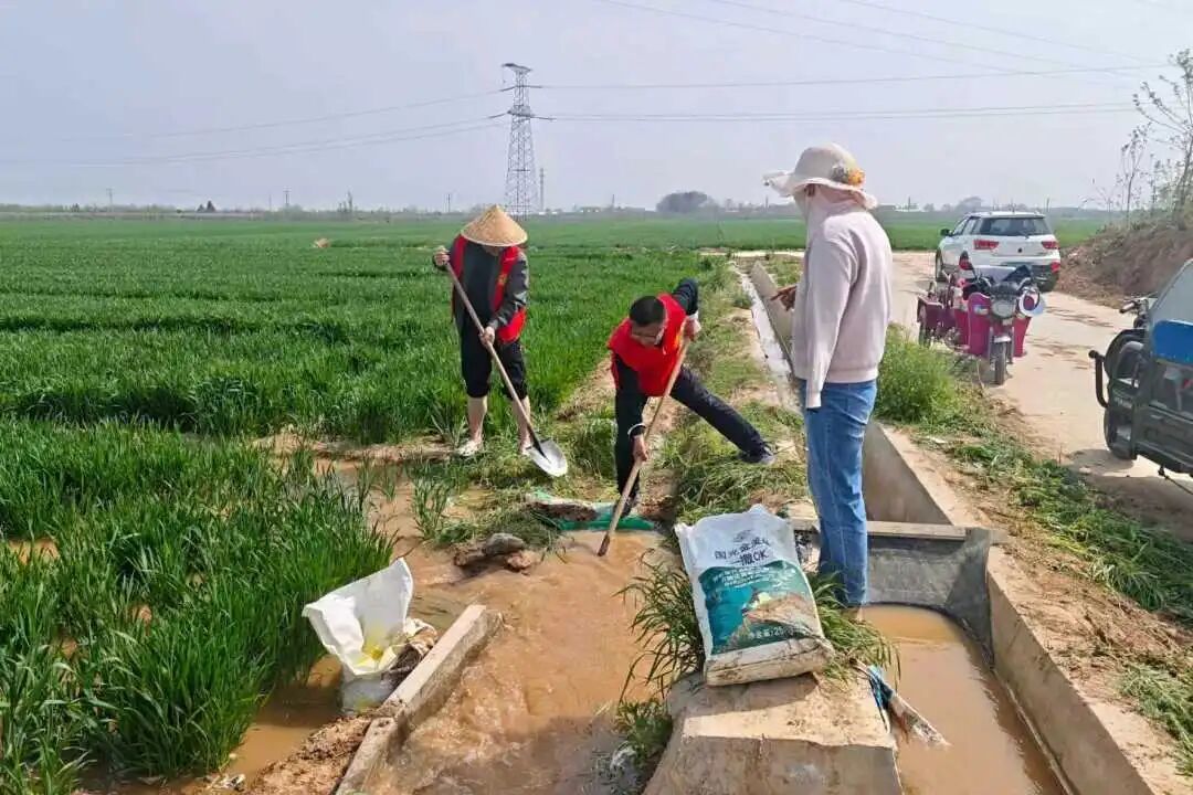 图为深入蒲城县椿林村田间地头，协助村民清理堵塞水渠、引流疏通，保障农田灌溉用水通畅