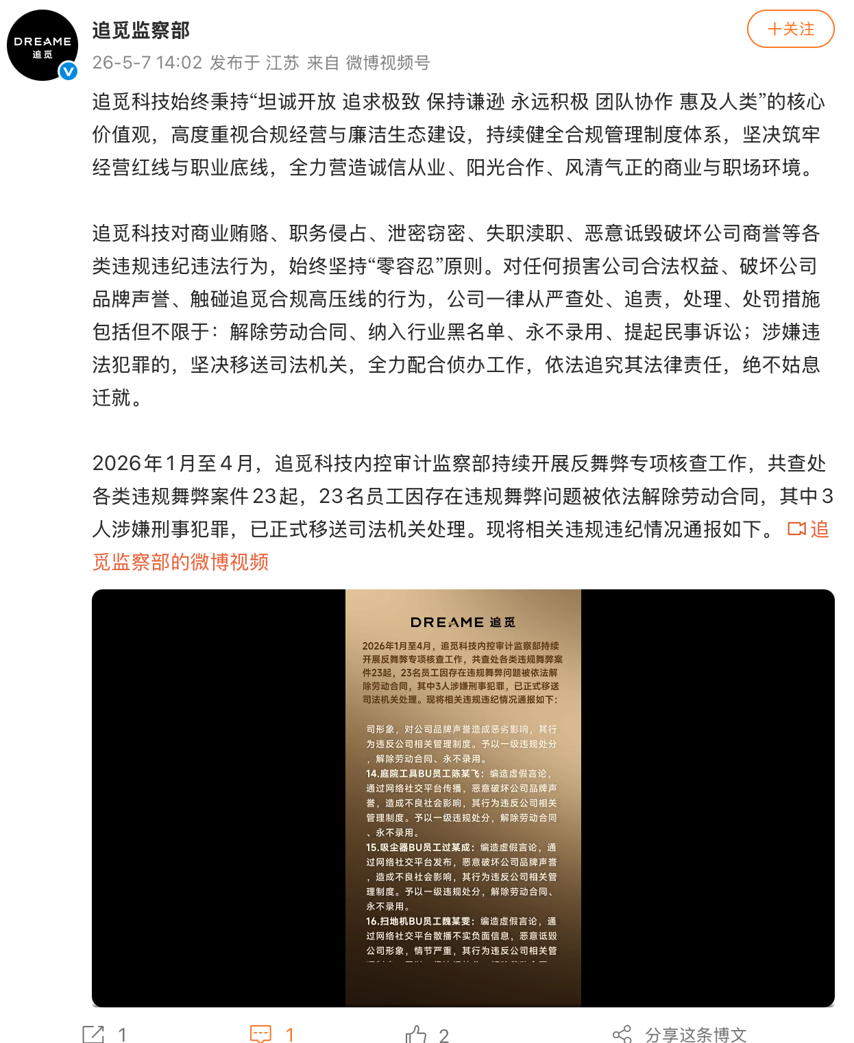 追觅通报反作弊案件23起:3东谈主移送法则机关