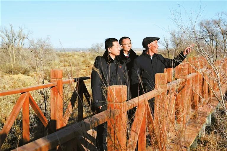 2025年12月，古浪县检察院邀请“时代楷模”郭万刚深入治沙核心区域，实地查看治沙成果和管护情况。（资料图）省检察院供图