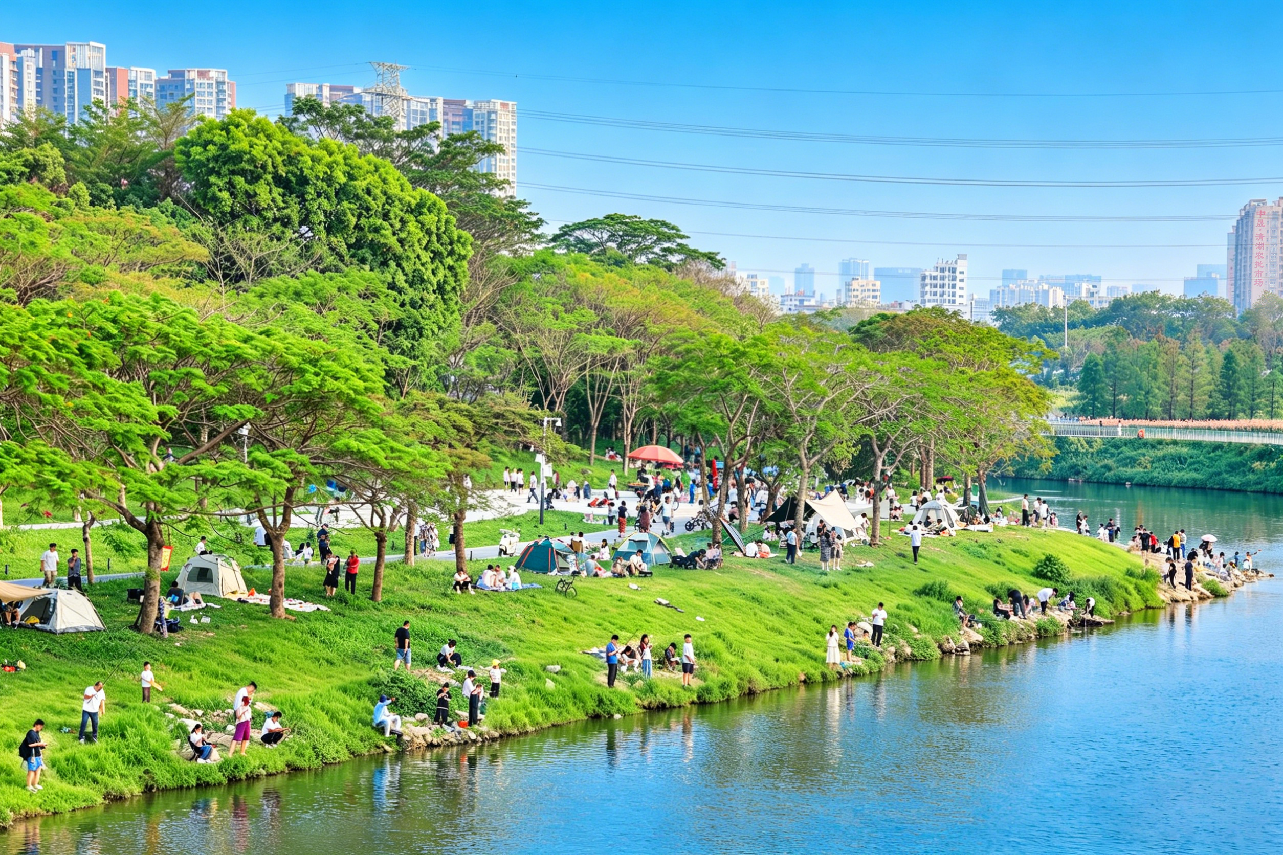熙熙攘攘的热门打卡地——观澜河干流碧道“对望畅澜”“观青艺阶”节点。