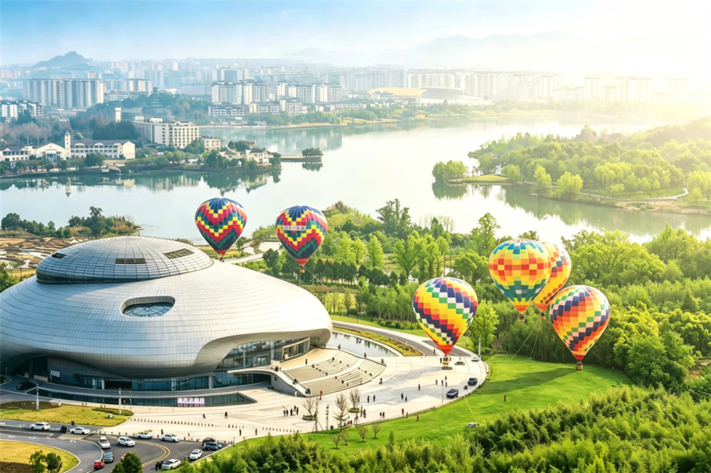 热气球在双桂湖国家湿地公园升空。图源：梁平发布