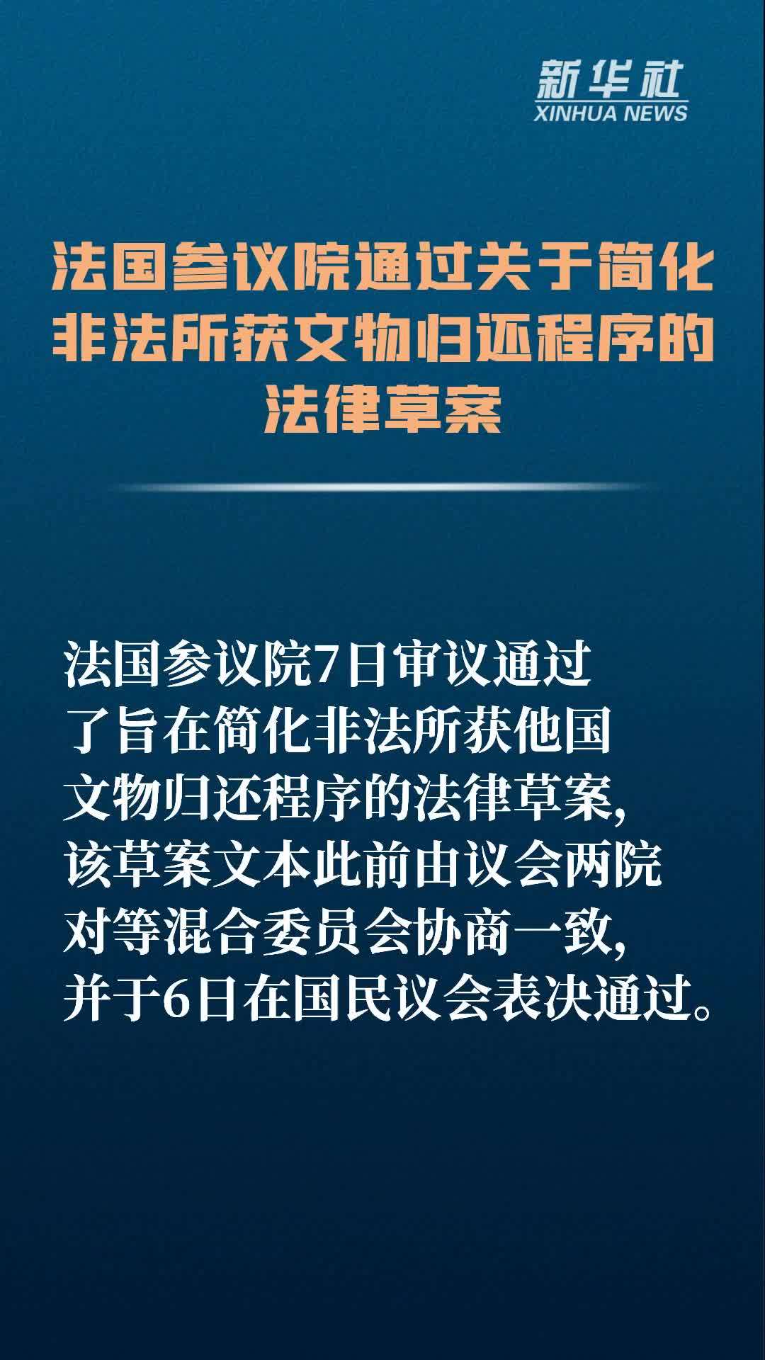 法国参议院通过关于简化非法所获文物归还程序的法律草案