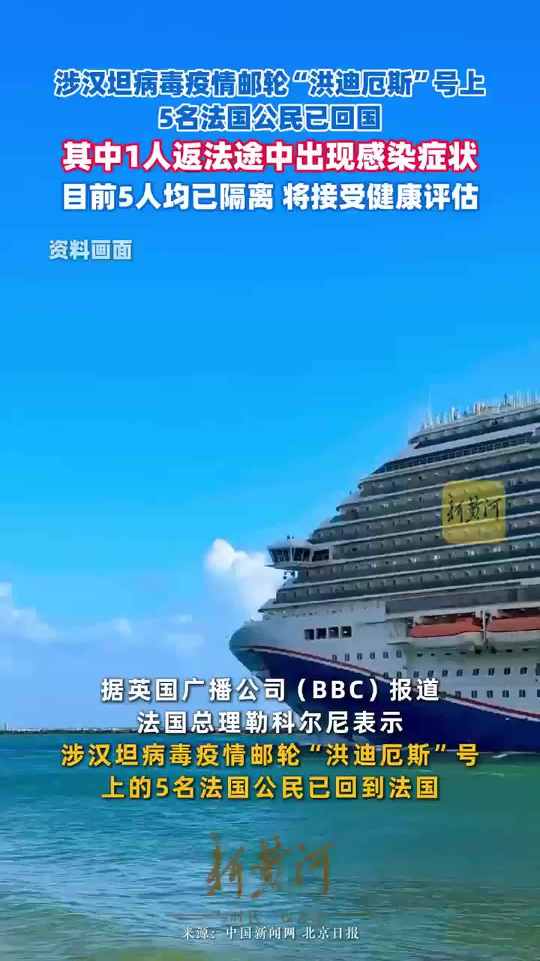 涉汉坦病毒疫情邮轮“洪迪厄斯”号上5名法国公民已回国，其中1人返法途中出现感染症状。目前5人均已隔离，将接受健康评估