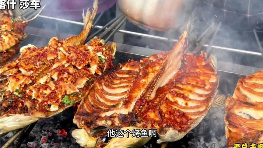 新疆喀什，莎车县旋转碳火烤鱼，一条鱼2公斤只卖70块，还送3个馕