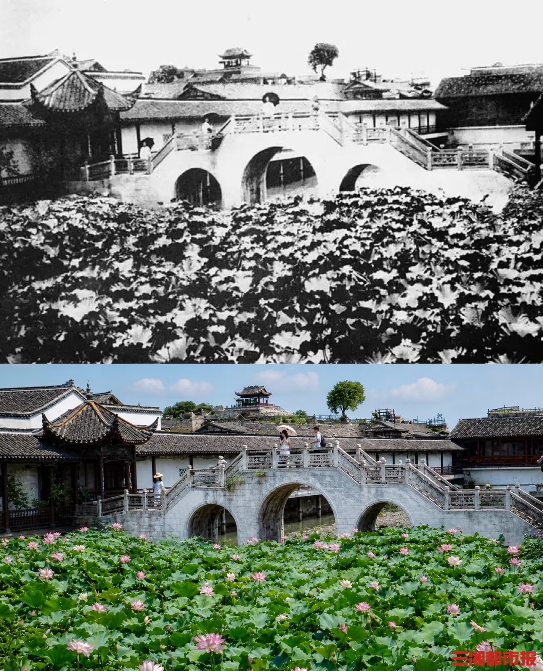 上图：长沙曾国藩祠浩园听雨轩；下图：阿凌二创后的老照片