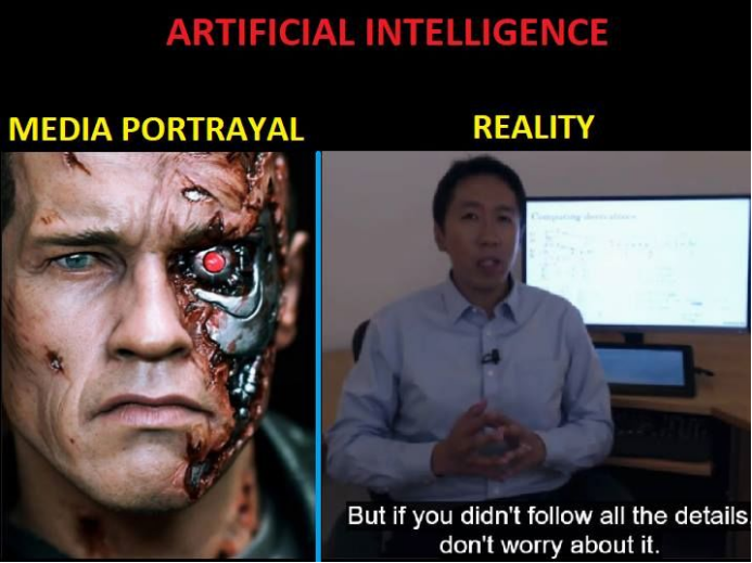 搞笑哏图:“幻想中的AI:终结者;现实中的AI:吴恩达公开课”