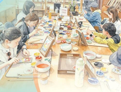 游客在敦煌体验泥版画制作　敦煌书局供图