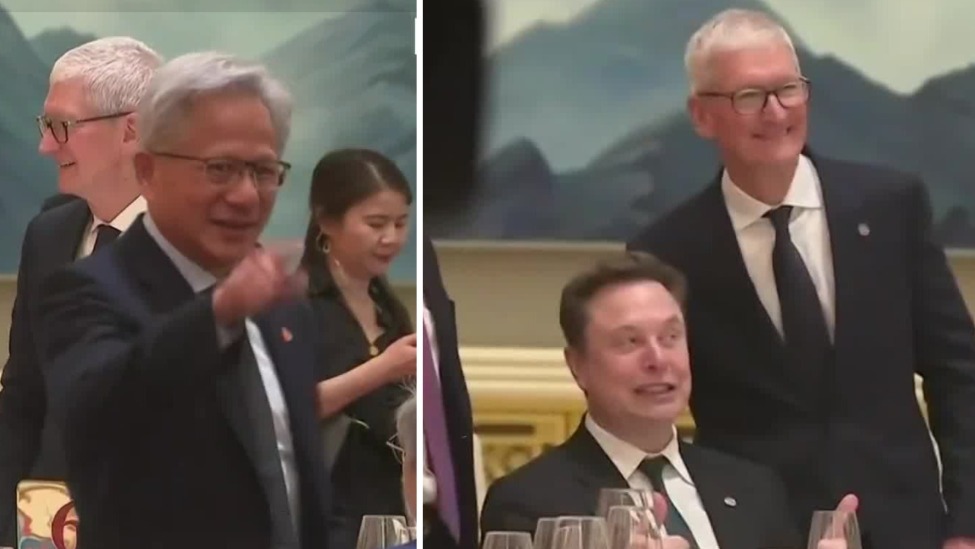 晚宴前巨头们都在干啥？黄仁勋手舞足蹈，马斯克和库克比大拇指合照