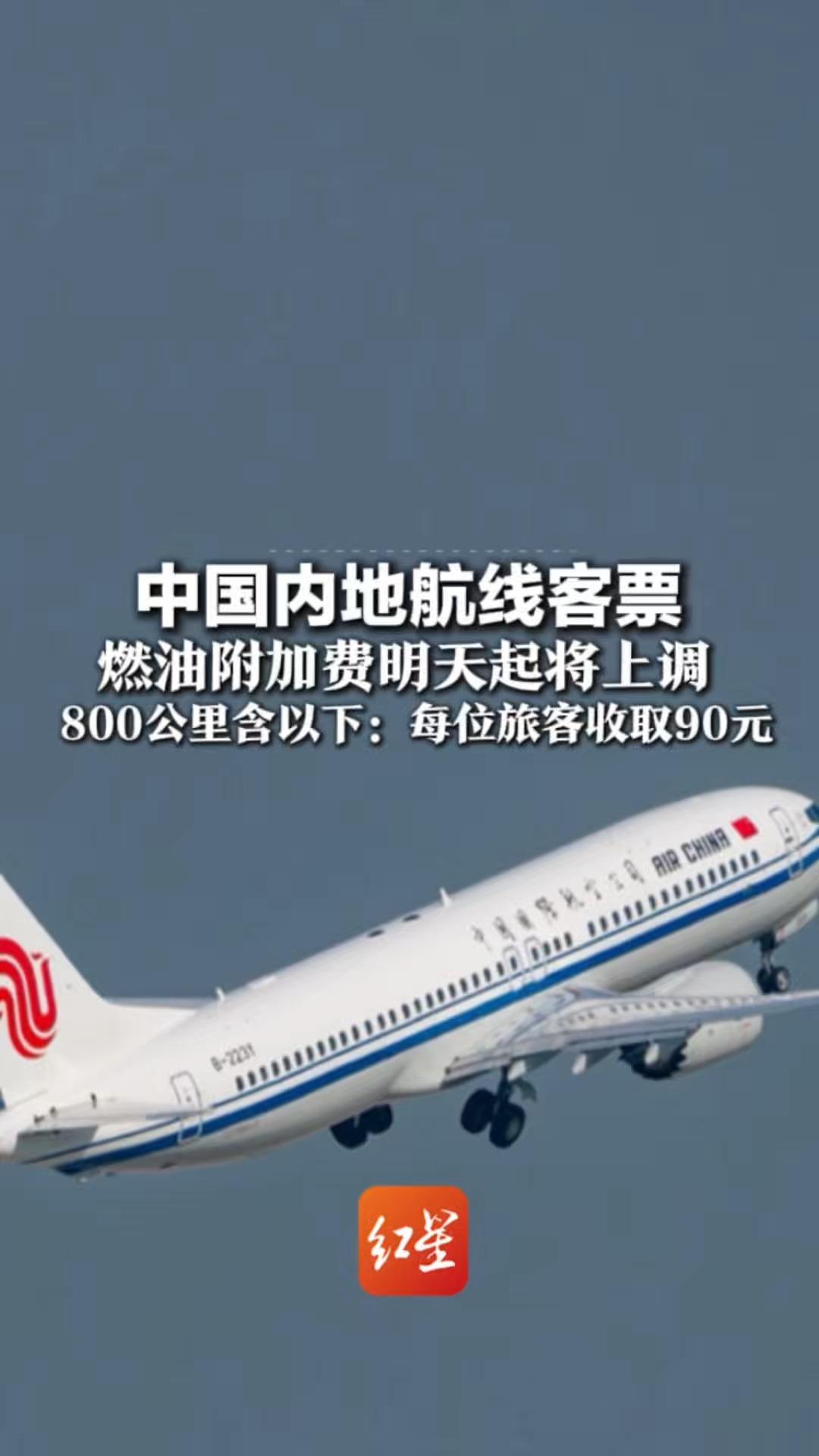 中国内地航线客票 燃油附加费明天起将上调！800公里含以下：每位旅客收取90元 800公里以上：每位旅客收取170元
