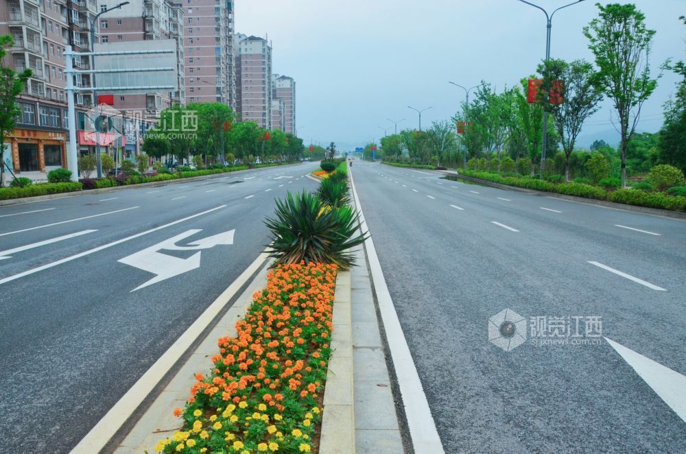 5月9日，在江西省吉安市永新县城区周边道路上，宽阔整洁的道路两侧花卉盛开，成为城市一道亮丽的风景线。