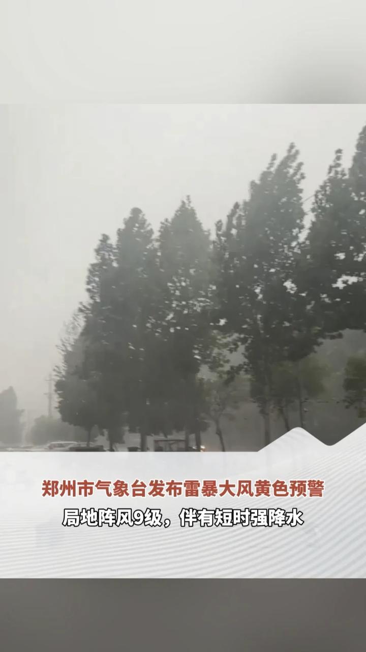 郑州市气象台发布雷暴大风黄色预警！阵风风力达7级以上，局地8-9级，并伴有短时强降水、冰雹等强对流天气