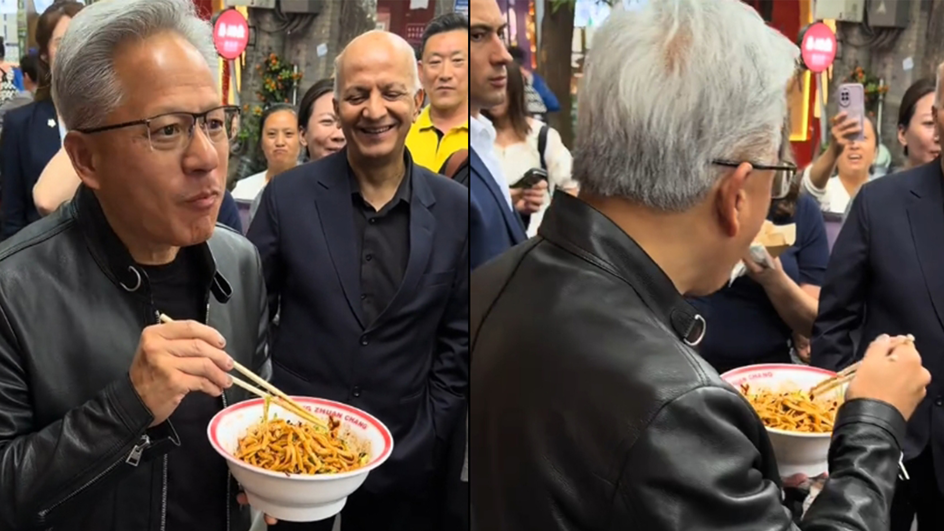 边吃边夸！黄仁勋在店门口端着碗吃炸酱面，还用中文和周围人互动