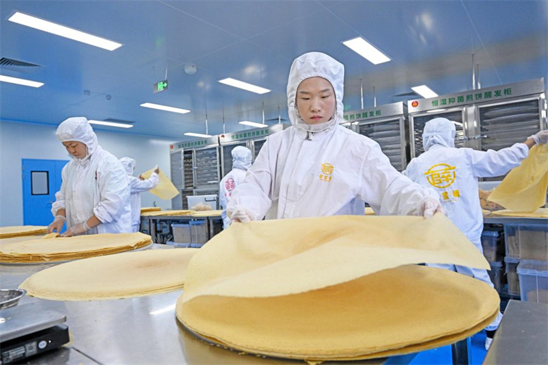 5月8日，工人在位于盐山县薛堂村的河北薛堂情食品有限公司煎饼加工车间忙碌。
