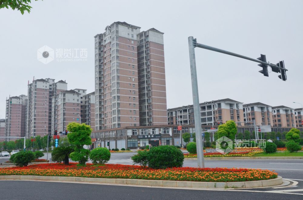 5月9日，在江西省吉安市永新县城区周边道路上，造型别致的花卉景观吸引眼球。