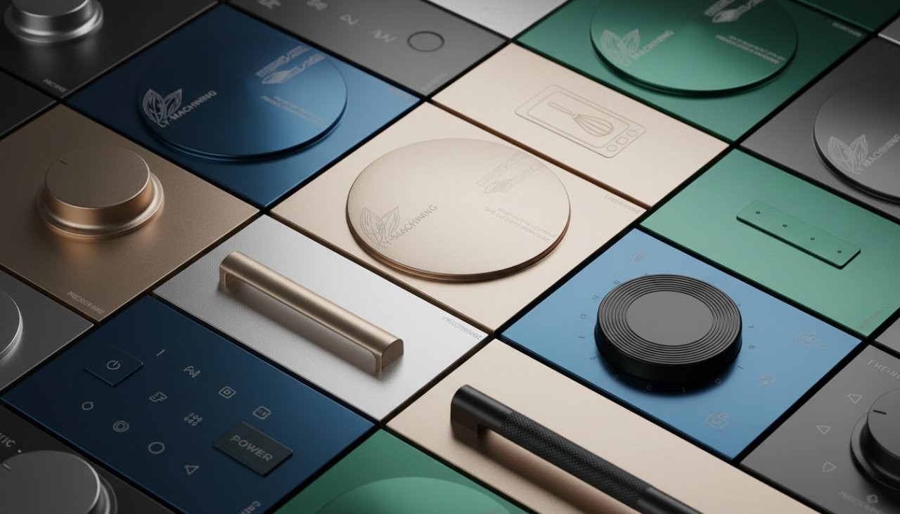 A close-up collage of finished high-gloss and matte anodized aluminum components, some featuring fine laser etching or engraving, demonstrating ly.jpg