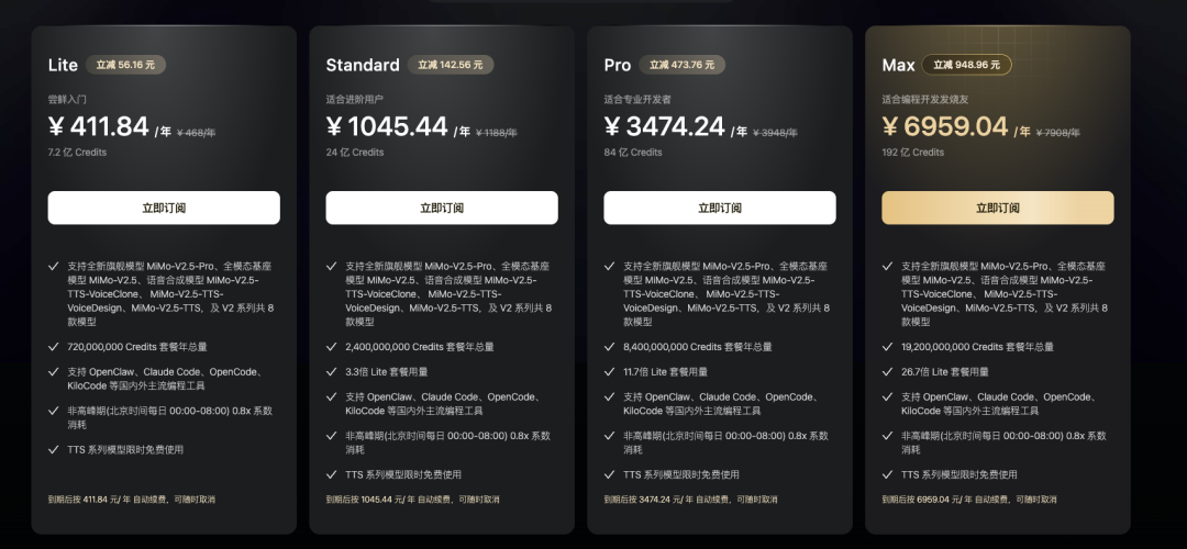 (XIAOMI MiMo Token Plan 订阅价格)