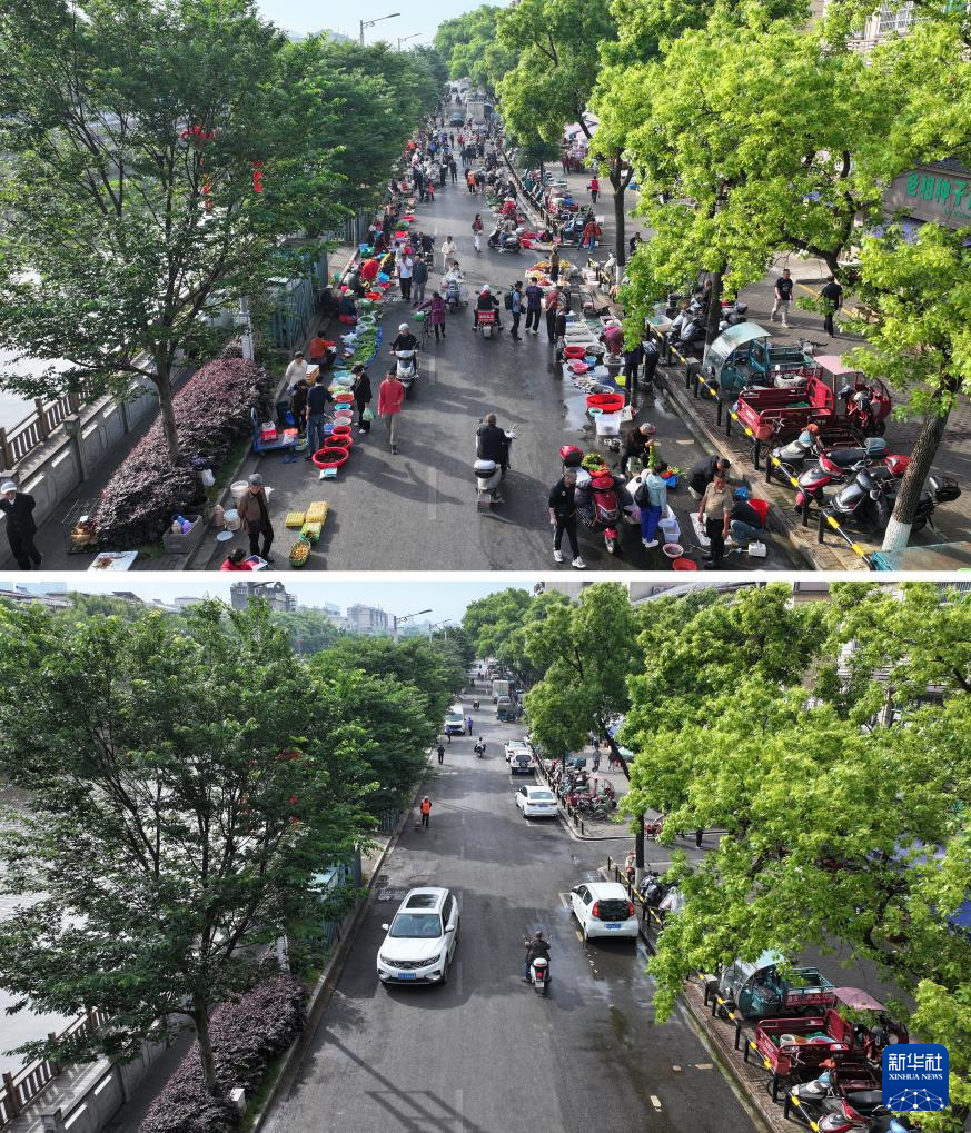 拼版照片：上图为5月12日上午7时，市民在位于江西省九江市柴桑区的“潮汐菜场”选购蔬菜（无人机照片）；下图为5月12日上午8时，“潮汐菜场”清理后，道路恢复正常通行（无人机照片）。