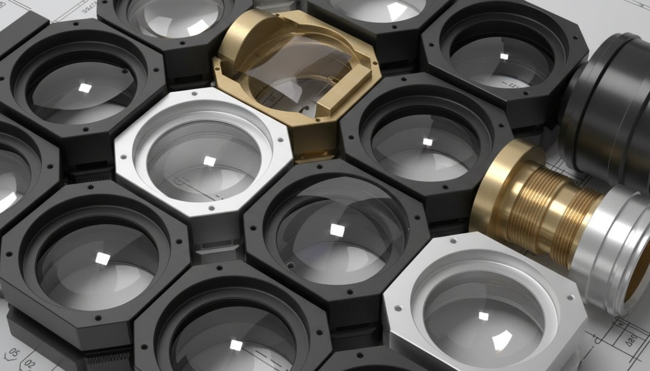 A close-up collage showcasing multiple high-precision CNC machined optical lens components and their housings, highlighting the intricate shapes, .jpg