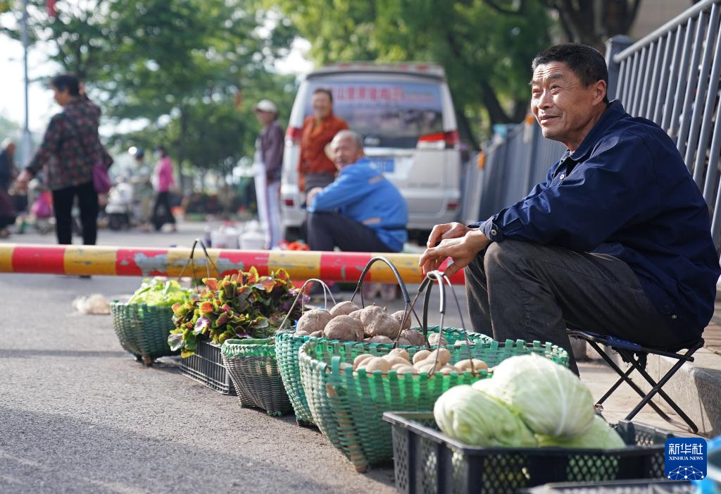 菜农在“潮汐菜场”摆摊售卖自家种植的蔬菜（5月12日摄）。