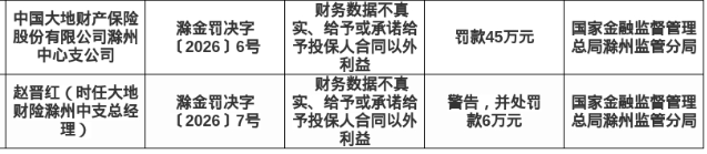 大地财险滁州中支被罚45万，涉财务数据不真实等