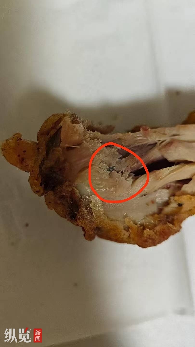 4月8日,顾客“观先生”发给陈先生炸鸡吃出铁丝的照片。(受访者供图)