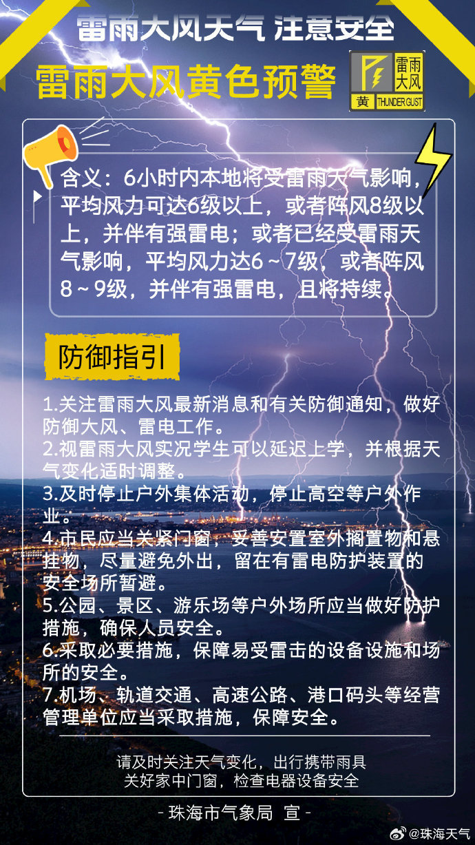 珠海雷雨大风黄色预警信号生效