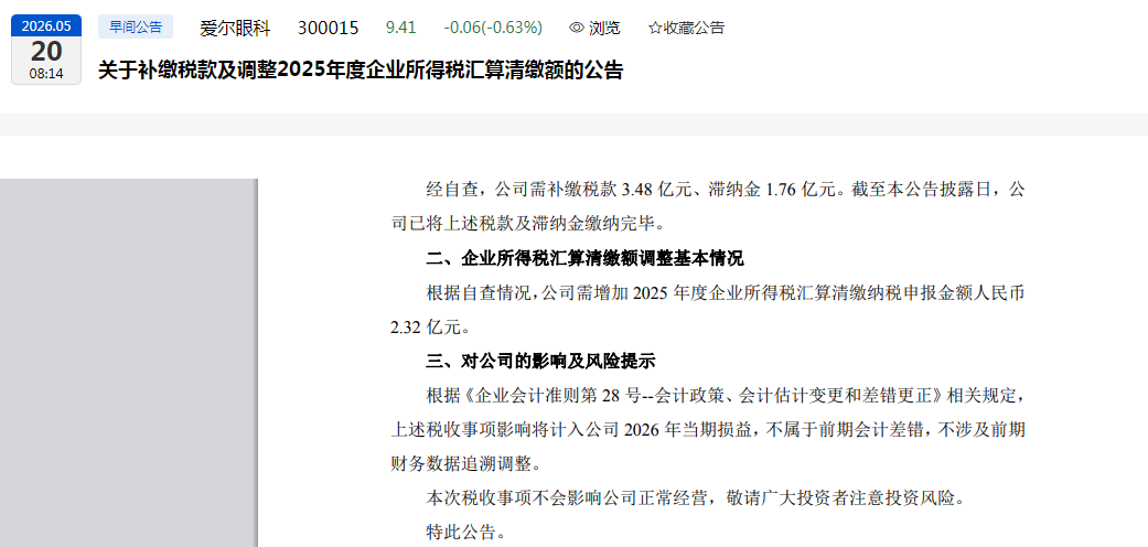 爱尔眼科补缴税款及滞纳金合计超5亿元!在鲁已布局19家医院