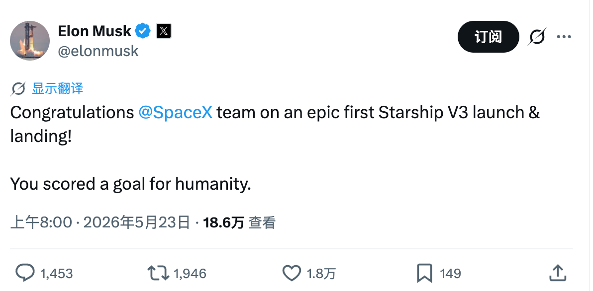 马斯克的祝贺帖子