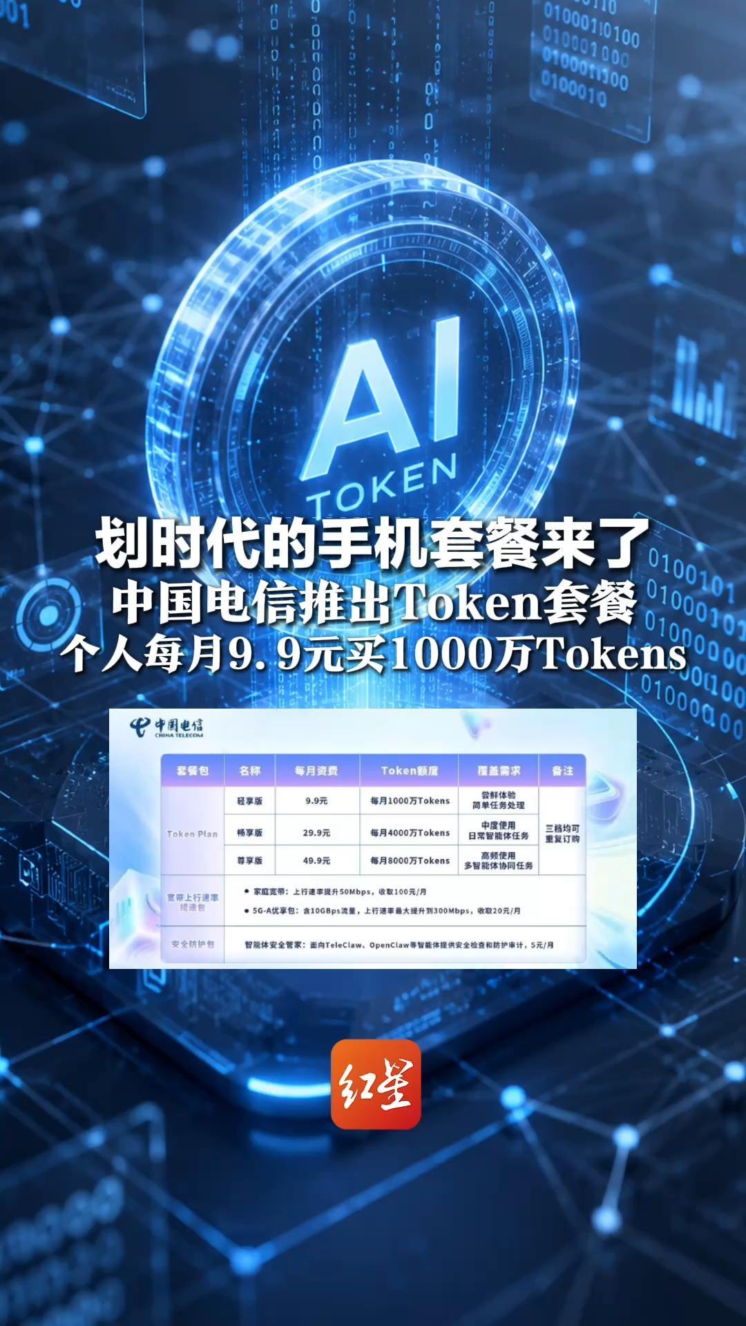 划时代的手机套餐来了，中国电信推出Token套餐，个人每月9.9元能拿到1000万Tokens，可自动总结400本10万字电子书