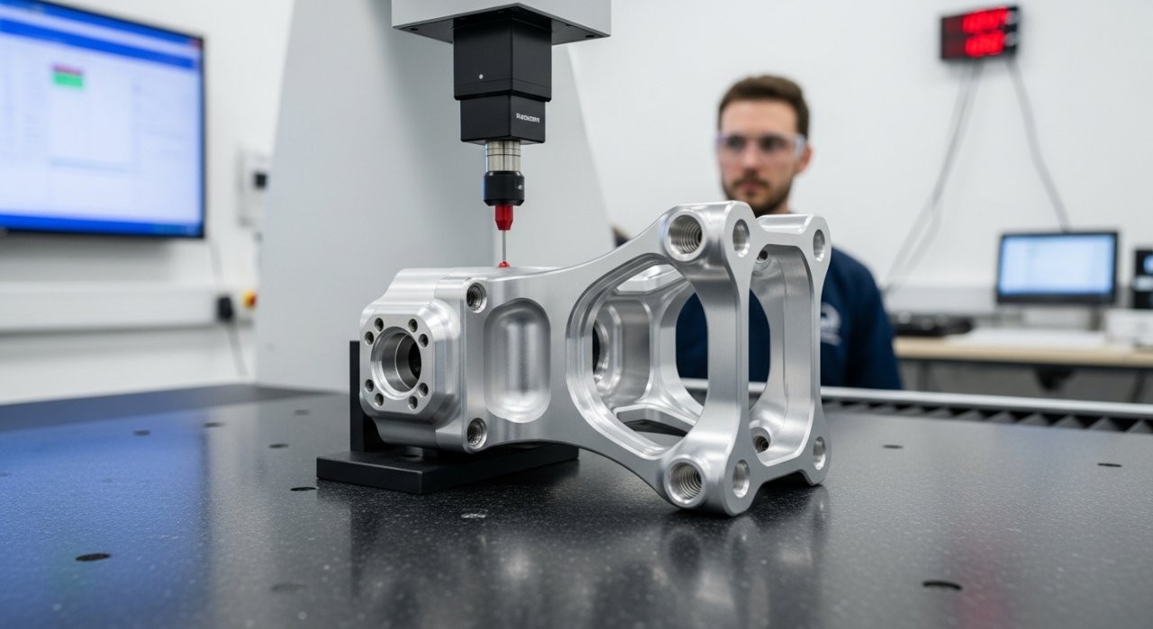 A close-up view of a precisely CNC machined drone gimbal mount undergoing critical measurement on a Coordinate Measuring Machine (CMM) within a cl - 副本.jpg