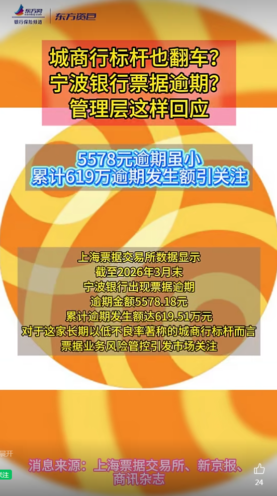 城商行标杆也翻车?宁波银行累计票据逾期发生额达619万,引关注!