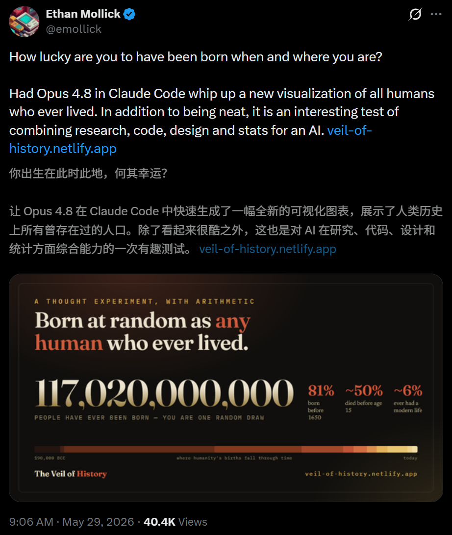 Opus 4.8连夜算尽1170亿人命运,一句话敲出人类投胎模拟器