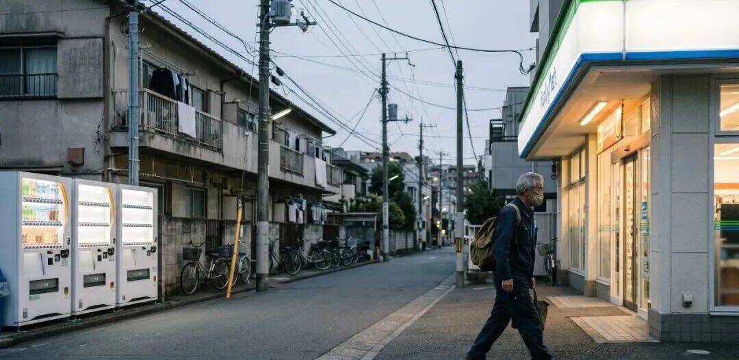日本清晨走向便利店的老年通勤者