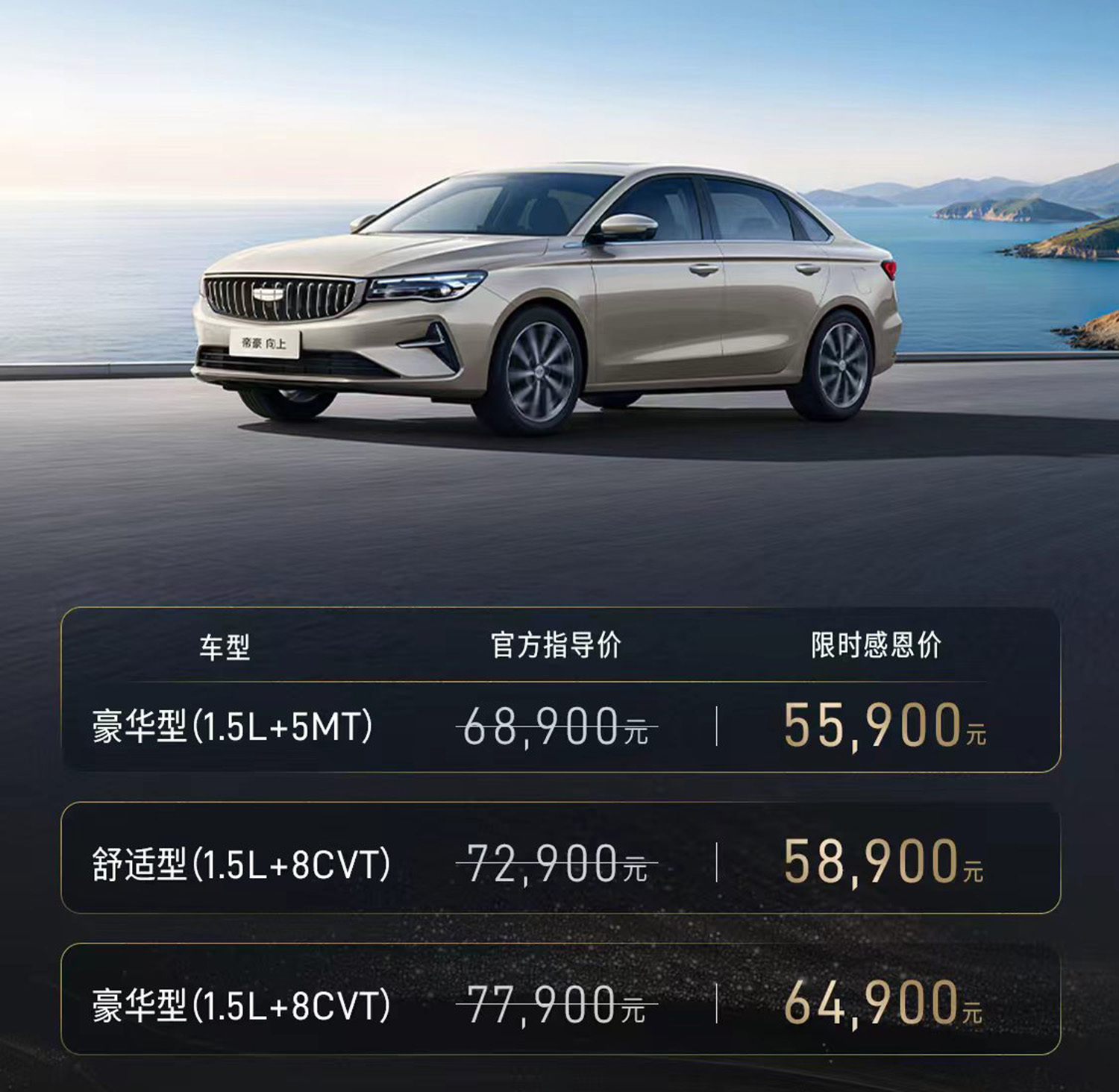 吉利第4代帝豪向上系列上市 限时感恩价5.59万元起