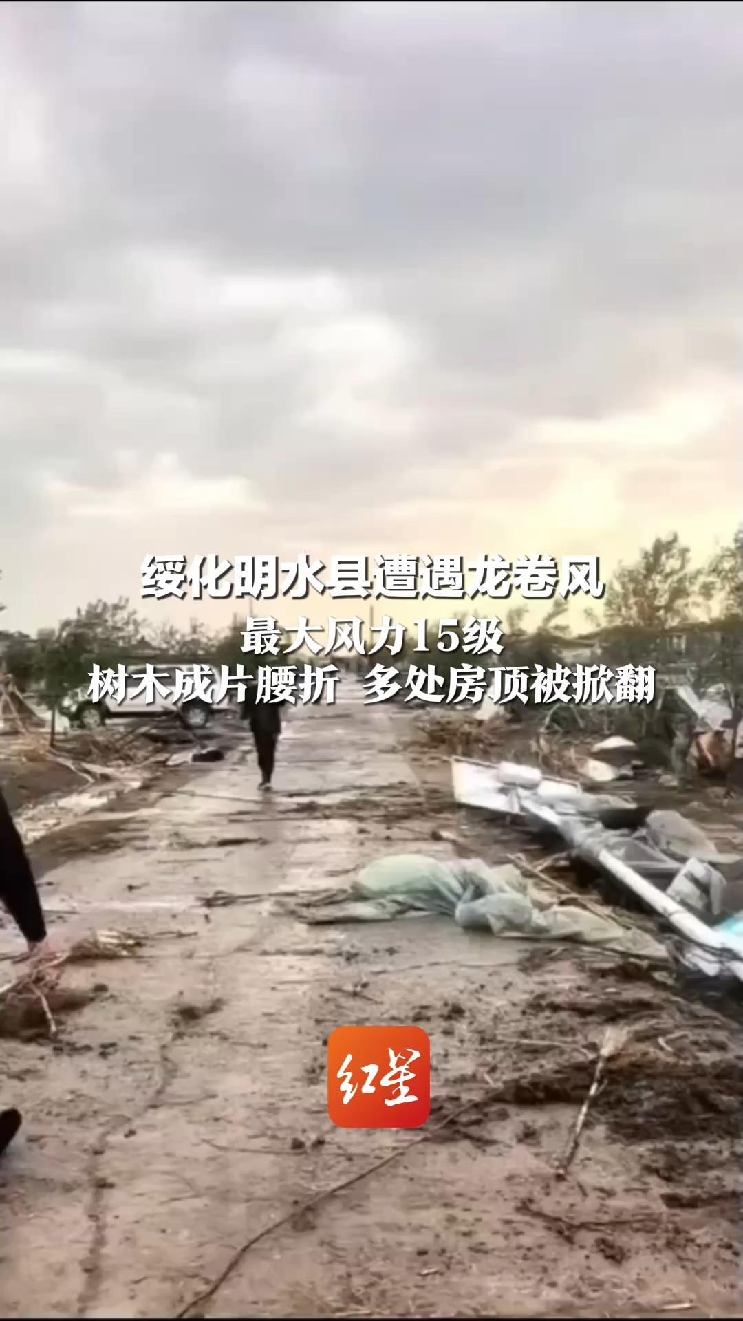 绥化明水县遭遇龙卷风  最大风力15级 树木成片腰折 多处房顶被掀翻 亲历者：有人家东西全被吹跑，只剩一个炕