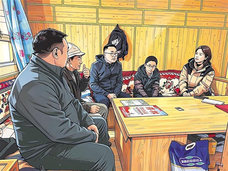 郭栋(中)到群众家中走访 受访者供图 本图片经AI加工