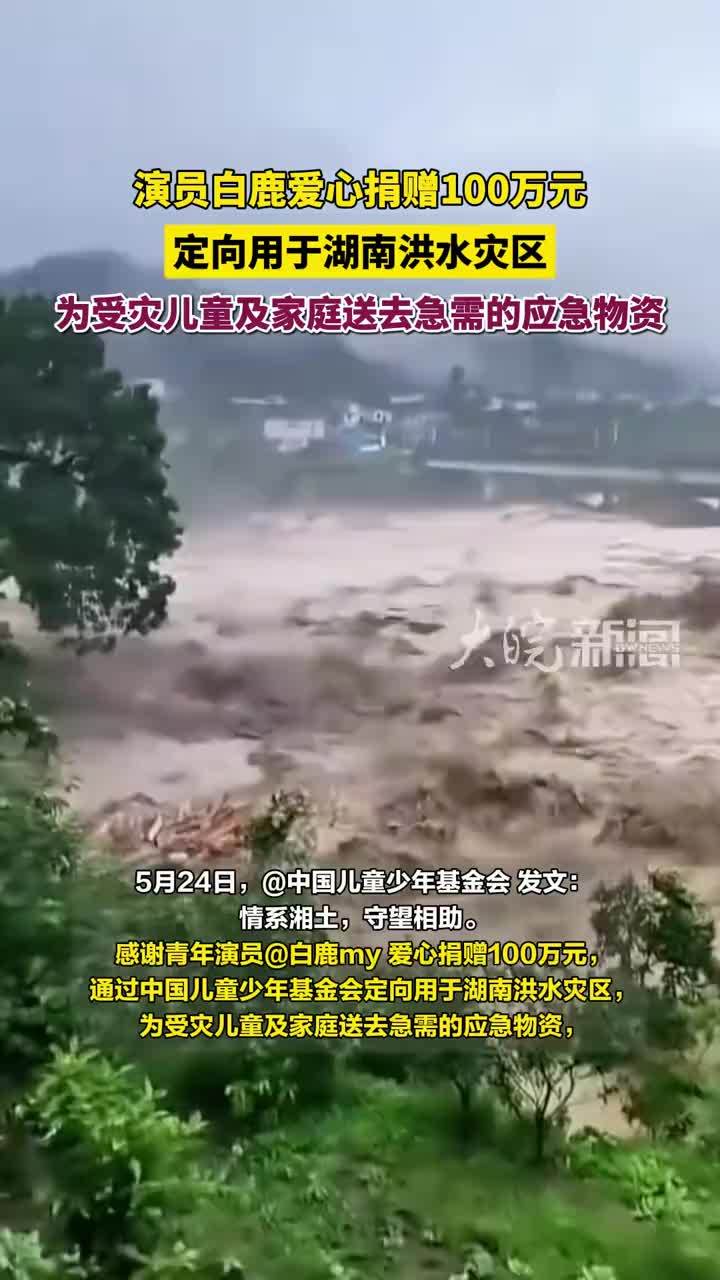 演员白鹿爱心捐赠100万元，定向用于湖南洪水灾区 为受灾儿童及家庭送去急需的应急物资 #白鹿