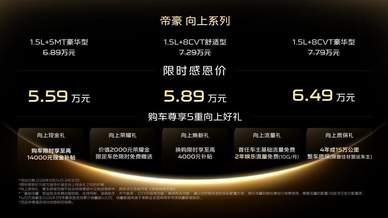 吉利第4代帝豪向上系列上市 限时感恩价5.59万元起