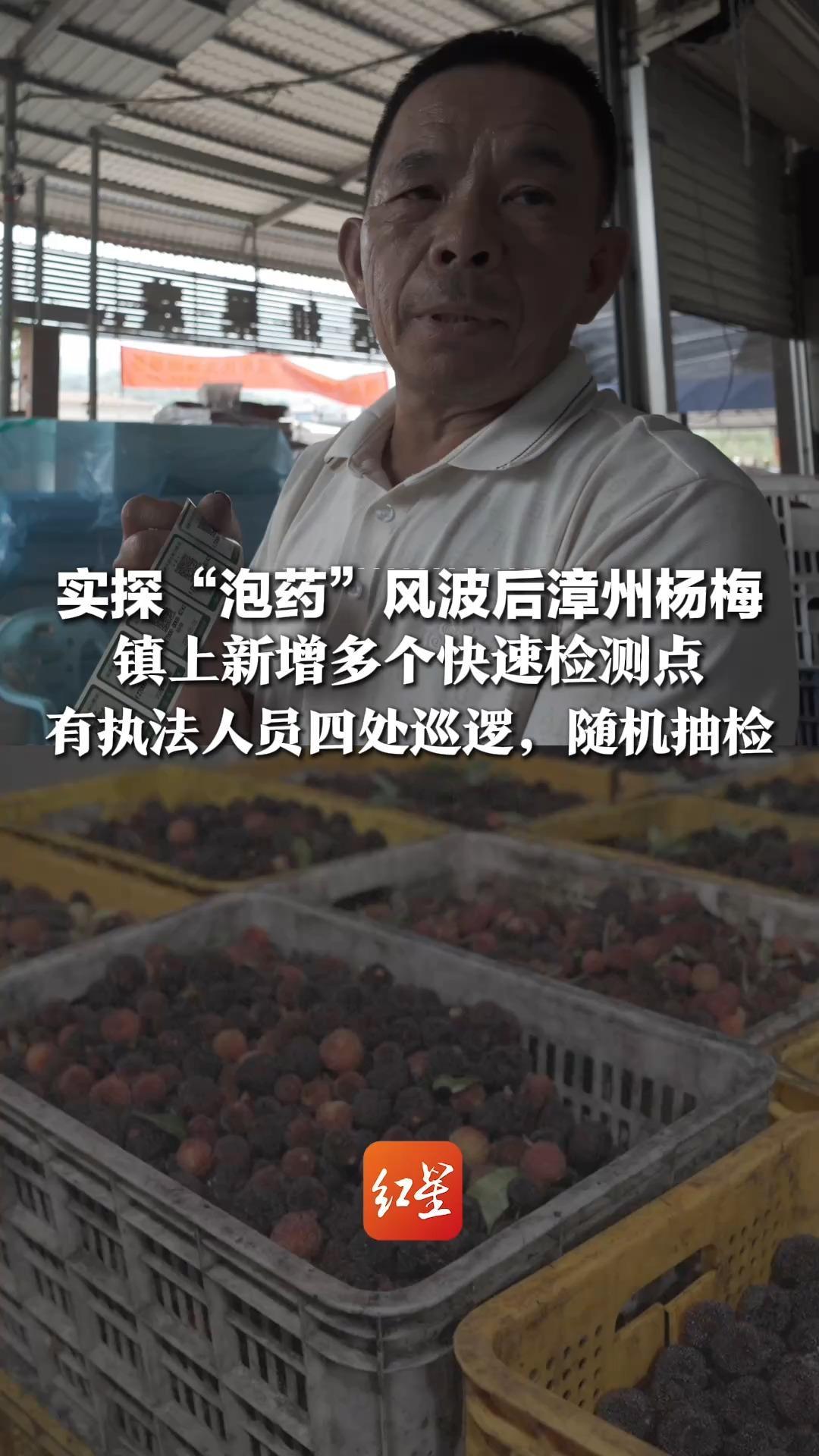实探“泡药”风波后漳州杨梅，镇上新增多个快速检测点，有执法人员四处巡逻，随机抽检，杨梅发货一货一码 行情仍整体遇冷