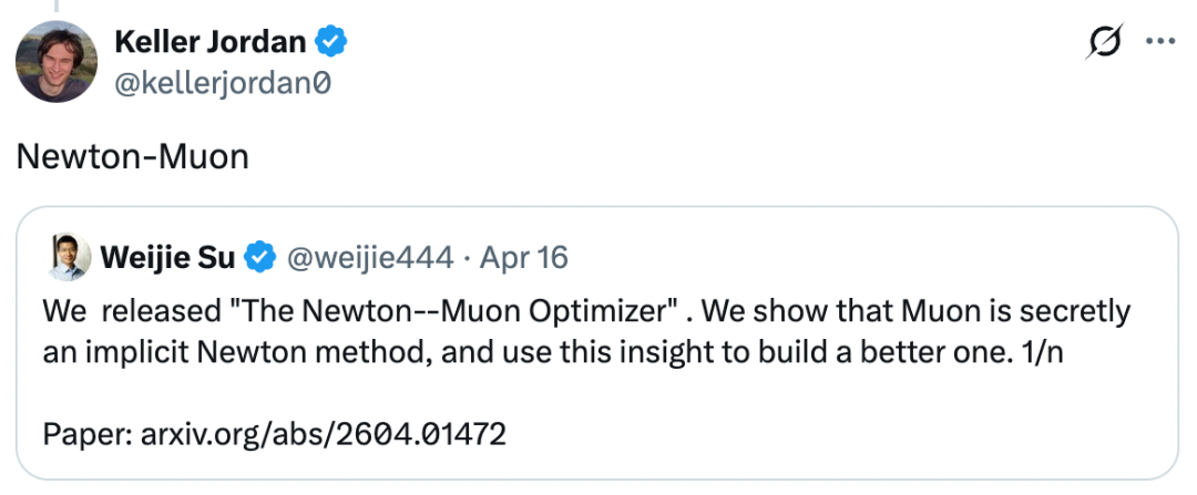 OpenAI研究员、Muon优化器作者Keller Jordan也曾转发苏炜杰的优化器工作