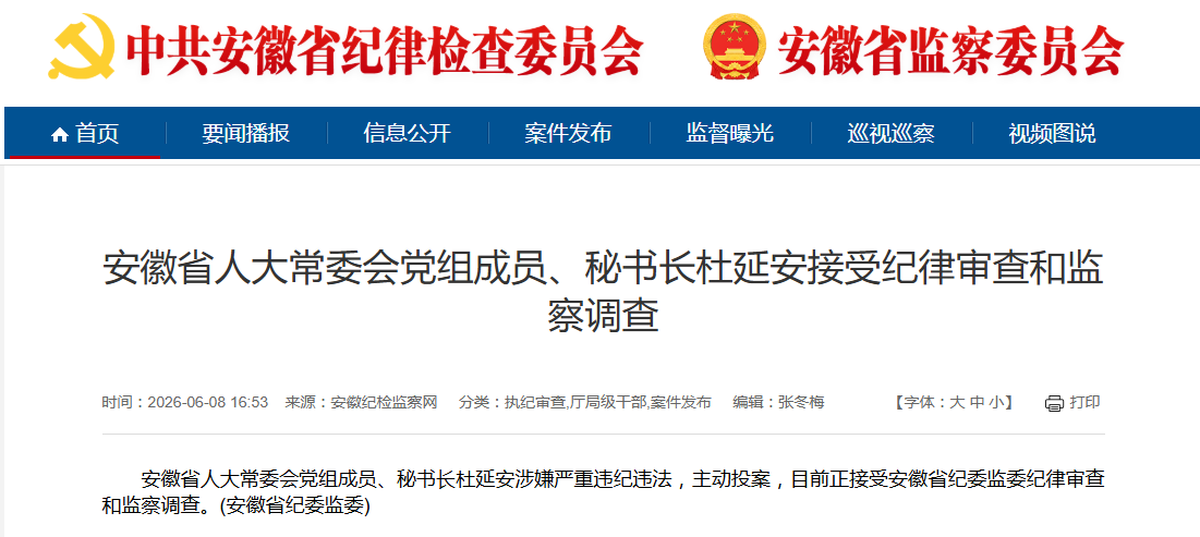 安徽省人大常委会秘书长杜延安，主动投案！（附简历）