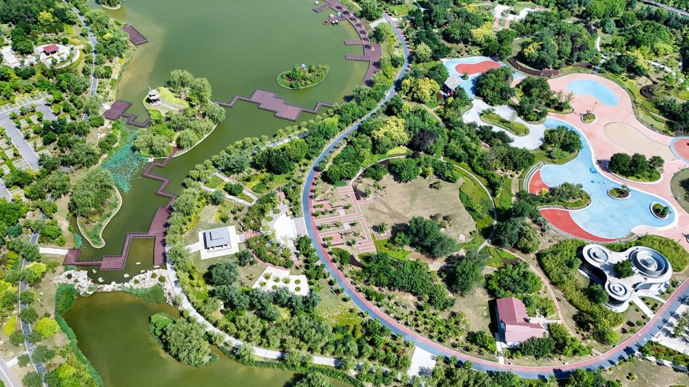 陕西省渭南市富平县温泉河湿地公园景色（2024年6月21日摄，无人机照片）。 新华社记者 邹竞一 摄