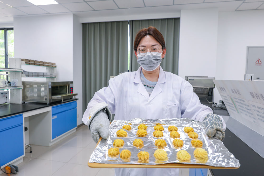 ↑6月5日，在位于河北省沧州市的国家盐碱地综合利用技术创新中心旱碱麦特色产业创新基地，技术人员展示利用旱碱麦制作的曲奇饼干。新华社记者 黄伟 摄