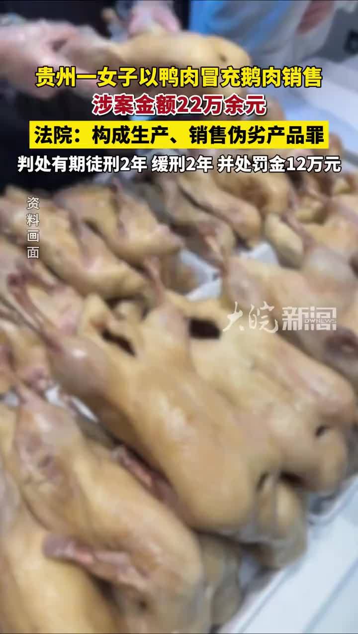 女子以鸭肉冒充鹅肉销售，涉案金额22万余元， 法院：构成生产、销售伪劣产品罪，判处有期徒刑2年，缓刑2年，并处罚金12万元