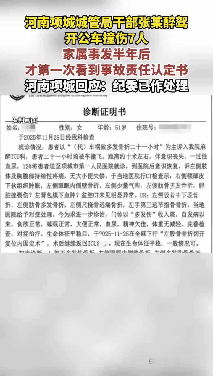 河南项城城管局干部张某醉驾 开公车撞伤7人 家属事发半年后才第一次看到事故责任认定书河南项城回应：纪委已作处理